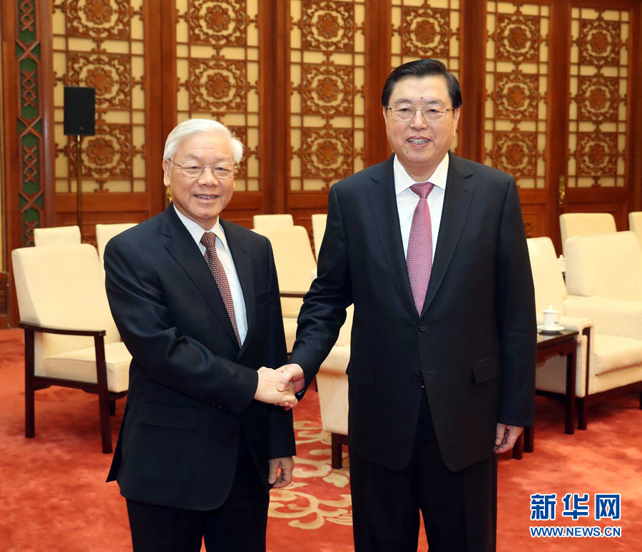 1月13日，中共中央政治局常委、全國(guó)人大常委會(huì)委員長(zhǎng)張德江在北京人民大會(huì)堂會(huì)見(jiàn)越共中央總書(shū)記阮富仲。 新華社記者 劉衛(wèi)兵 攝