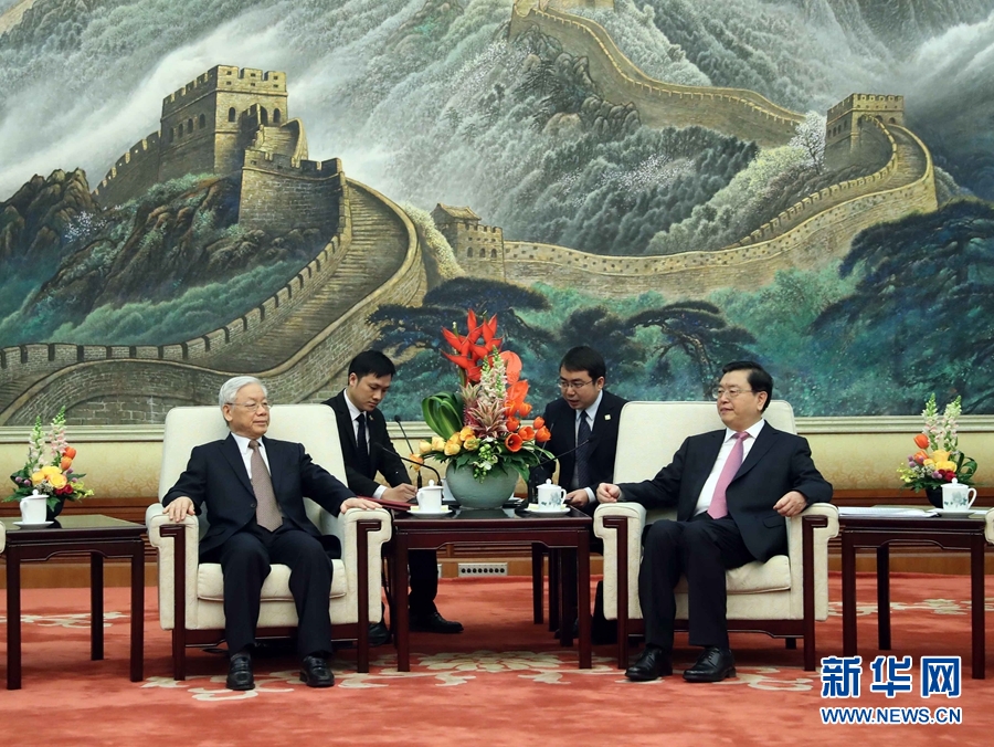 1月13日，中共中央政治局常委、全國(guó)人大常委會(huì)委員長(zhǎng)張德江在北京人民大會(huì)堂會(huì)見(jiàn)越共中央總書(shū)記阮富仲。 新華社記者 劉衛(wèi)兵 攝