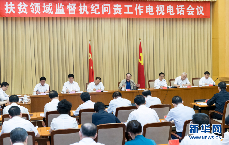 7月3日，中共中央政治局常委、中央紀委書記王岐山在北京出席扶貧領(lǐng)域監(jiān)督執(zhí)紀問責工作電視電話會并講話。 新華社記者丁海濤攝