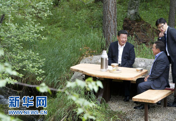 8月22日，國(guó)家主席習(xí)近平同蒙古國(guó)總統(tǒng)額勒貝格道爾吉在烏蘭巴托市郊的總統(tǒng)官邸再次會(huì)晤。這是習(xí)近平同額勒貝格道爾吉會(huì)晤后在溪畔飲茶。新華社記者 黃敬文 攝
