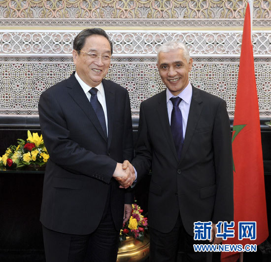 11月3日，全國政協(xié)主席俞正聲在拉巴特會(huì)見摩洛哥眾議長阿拉米。新華社記者 張鐸 攝