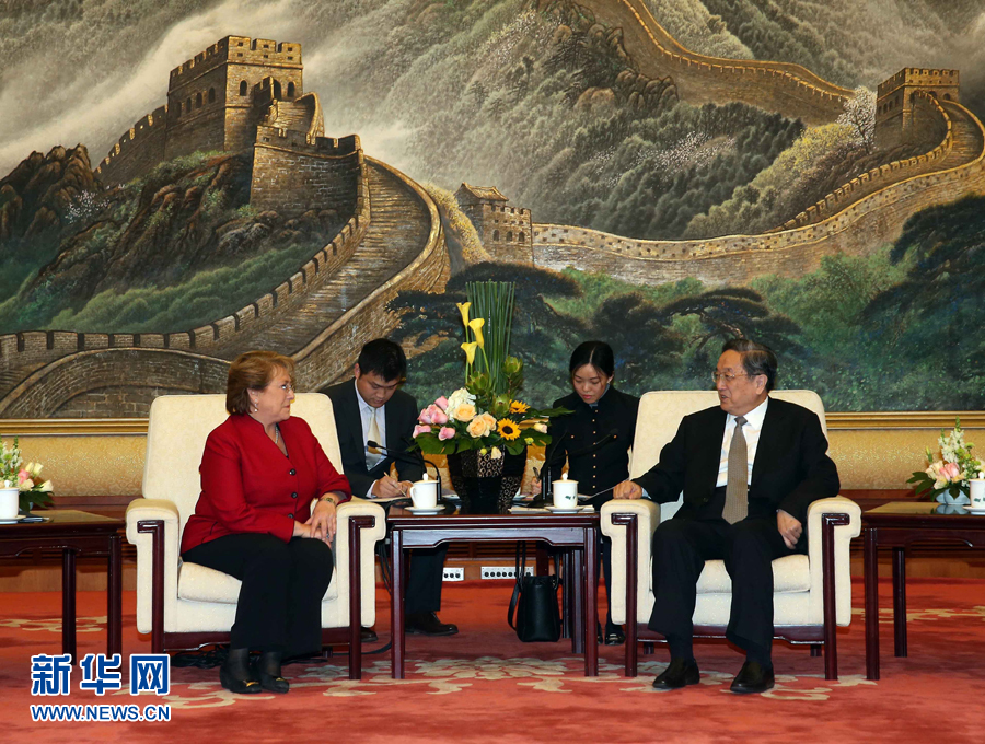 11月11日，全國政協(xié)主席俞正聲在北京人民大會(huì)堂會(huì)見智利總統(tǒng)巴切萊特。 新華社記者 劉衛(wèi)兵 攝