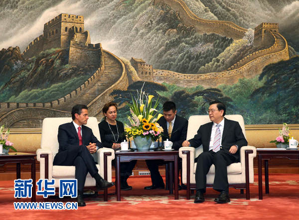 11月13日，全國人大常委會(huì)委員長張德江在北京人民大會(huì)堂會(huì)見墨西哥總統(tǒng)培尼亞。 新華社記者 劉衛(wèi)兵 攝