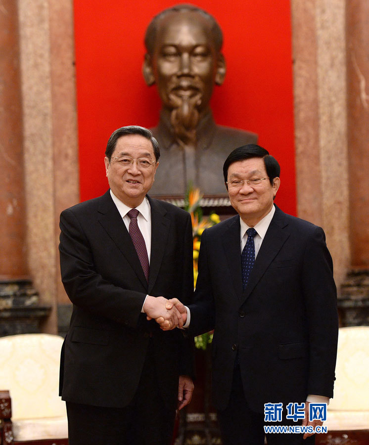 12月25日至27日，中共中央政治局常委、全國政協(xié)主席俞正聲對越南進(jìn)行正式訪問。這是12月26日，俞正聲在河內(nèi)會見越南國家主席張晉創(chuàng)。 新華社記者馬占成攝
