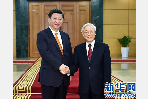 11月5日，中共中央總書記、國家主席習(xí)近平在河內(nèi)同越共中央總書記阮富仲舉行會(huì)談。 新華社記者李濤攝