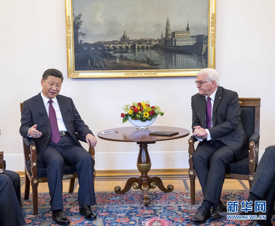 7月5日，國(guó)家主席習(xí)近平在柏林會(huì)見(jiàn)德國(guó)總統(tǒng)施泰因邁爾。 新華社記者李學(xué)仁 攝